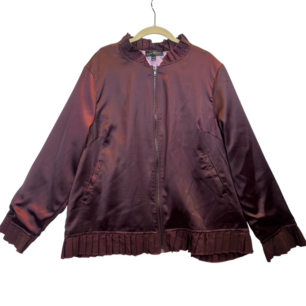 Lane Bryant Plum Purple Satin Ruffle Bomber Jacket Plus Size 14/16